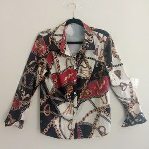 Chic Me, Chain Burgundy, Black, Cream Blouse Large